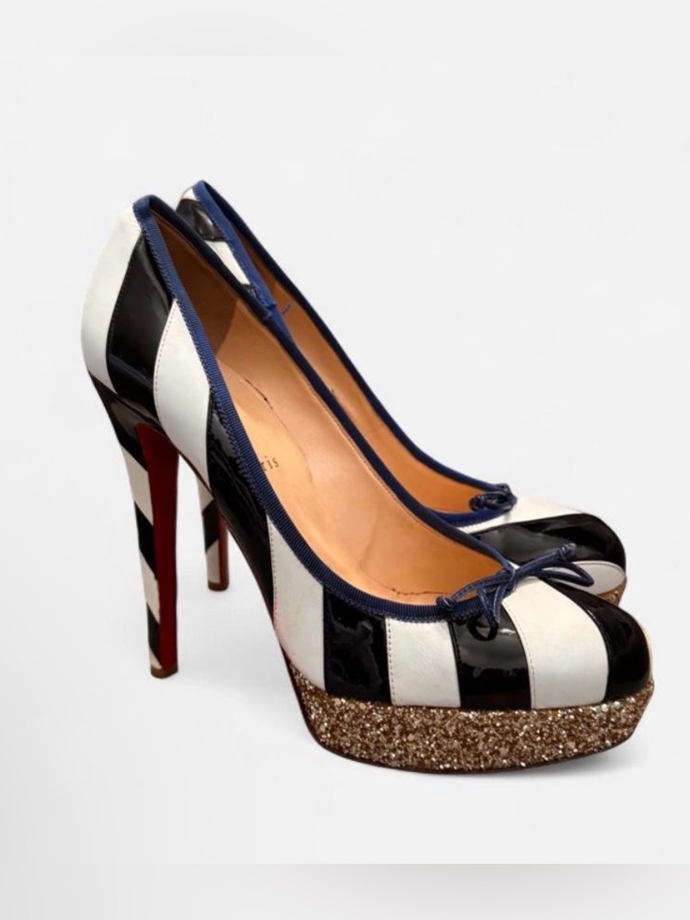 Christian Louboutin Foraine 140 Striped Patent Leather Glitter Platform Pump